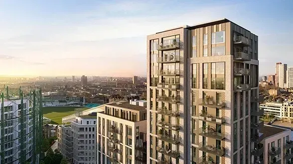 Luxury furnished London living room with city skyline views