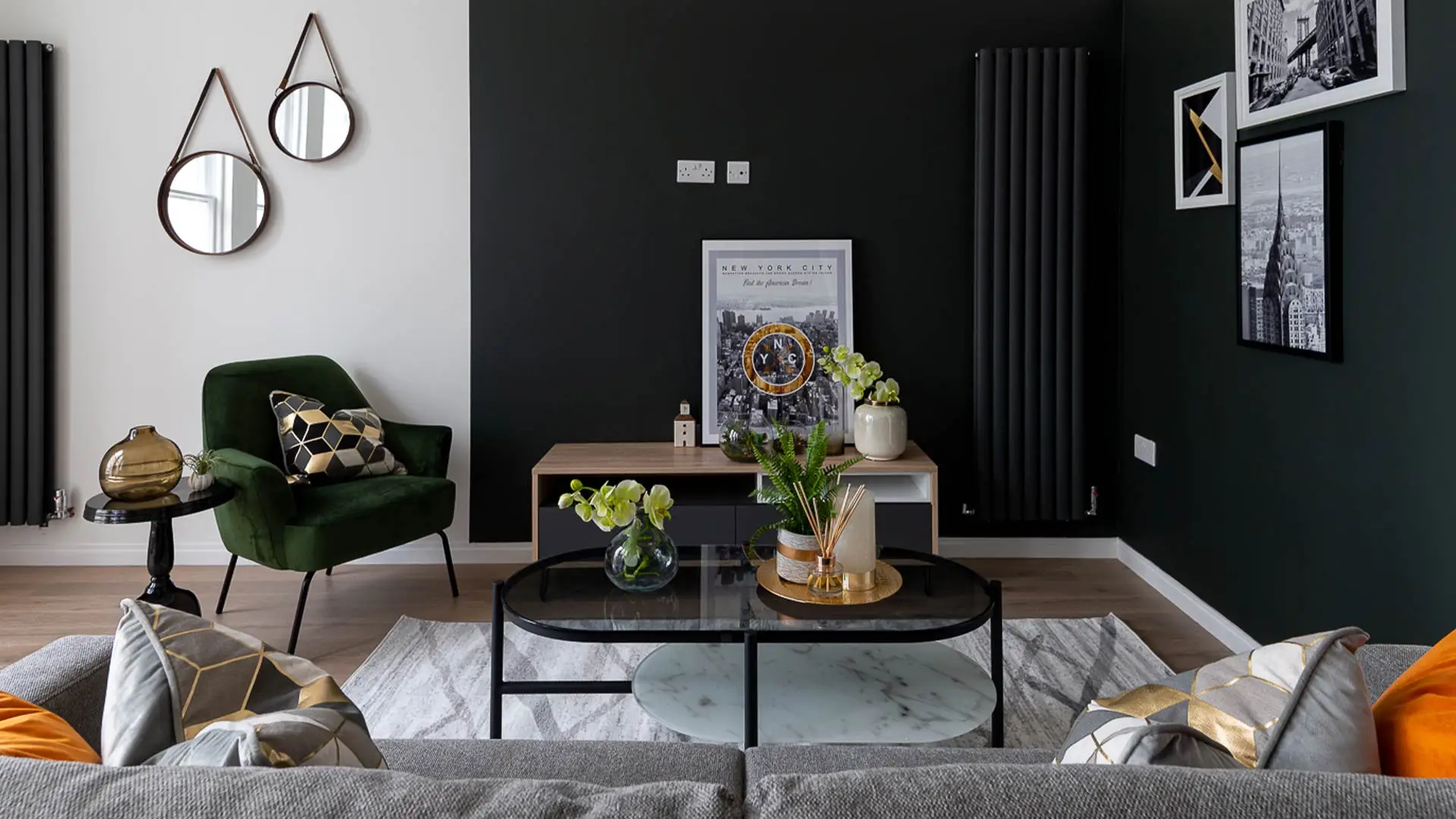 Elegant lounge transformation highlighting innovative property furnishing solutions, merging practicality with a modern design aesthetic.