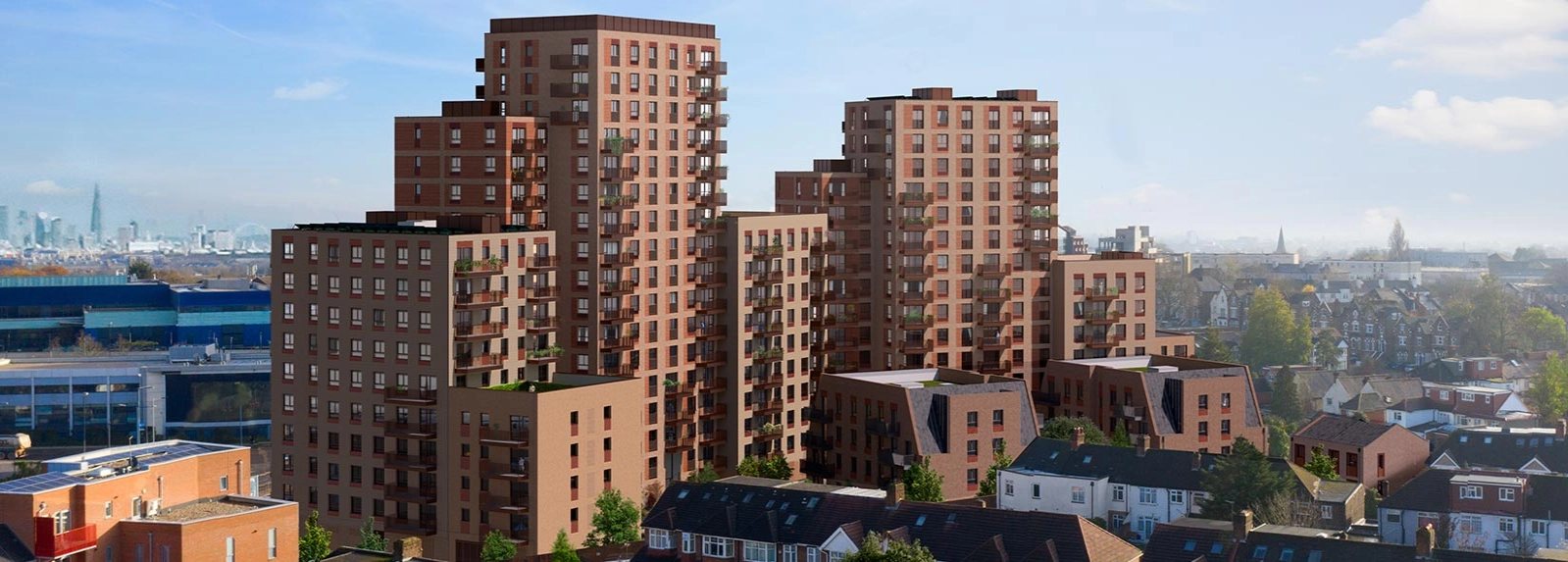 Aerial view of Royal Gateway North Acton highlighting the extensive development, by Benham and Reeves Hong Kong.