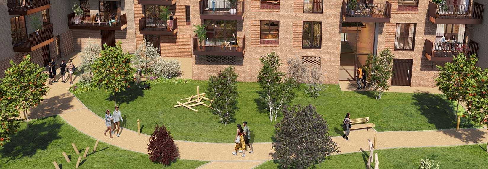 Royal Gateway Acton London outdoor communal area with seating and greenery, showcased by Benham and Reeves HK.