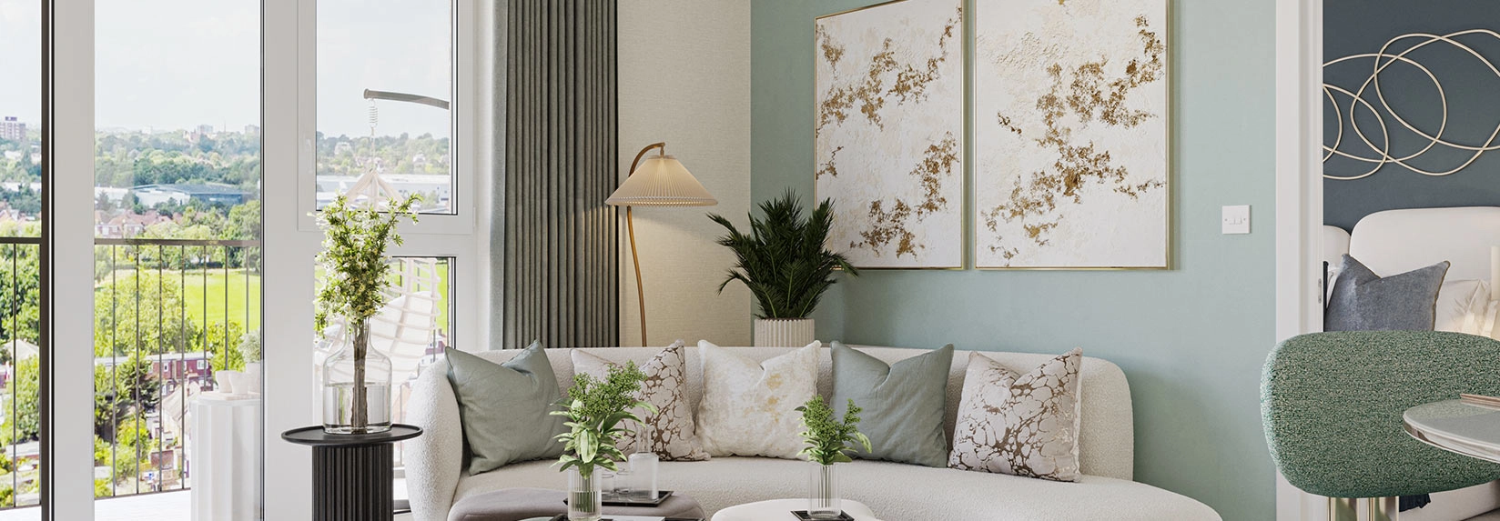 Luxurious living room in Royal Gateway North Acton apartment, presented by Benham and Reeves Hong Kong.