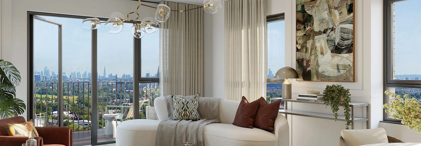 Spacious balcony view at Royal Gateway Acton London, featuring cityscape, marketed by Benham and Reeves HK.